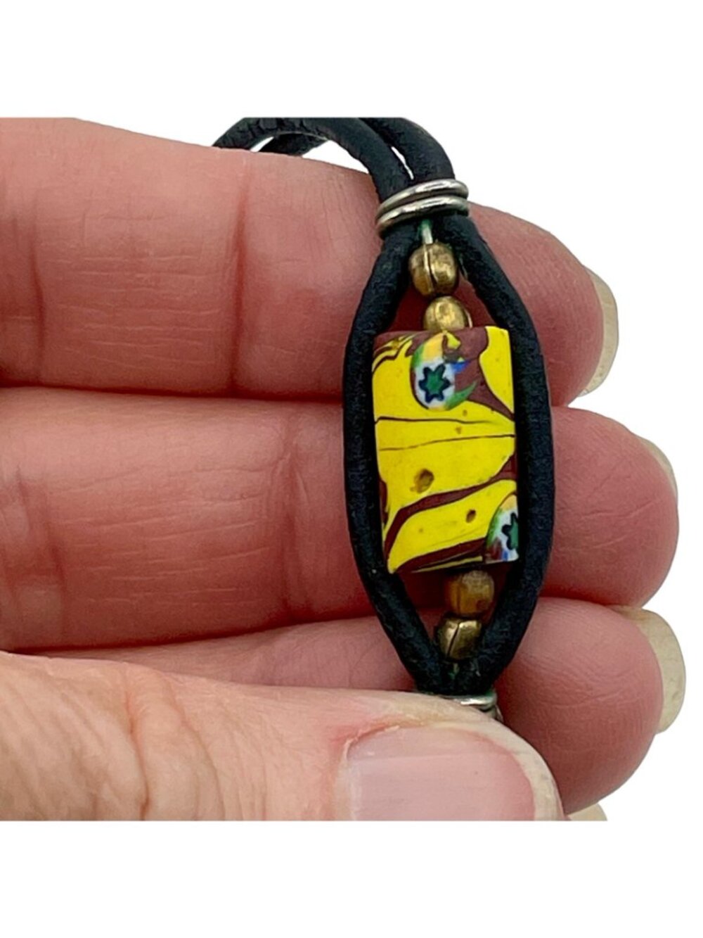 African Trading Bead Bracelet Vintage 1970s Leather Metal Hook Closure Old Bead - Picture 2 of 10
